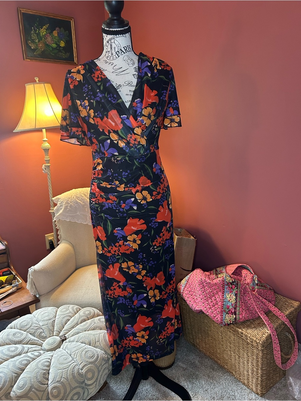 Floral Rouched Cocktail Dress in Black with Red & Orange Blooms